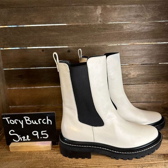 New Womens Tory Burch Benton White Leather Mid Calf Chelsea Boots Size 9.5 M‎ - Picture 1 of 6